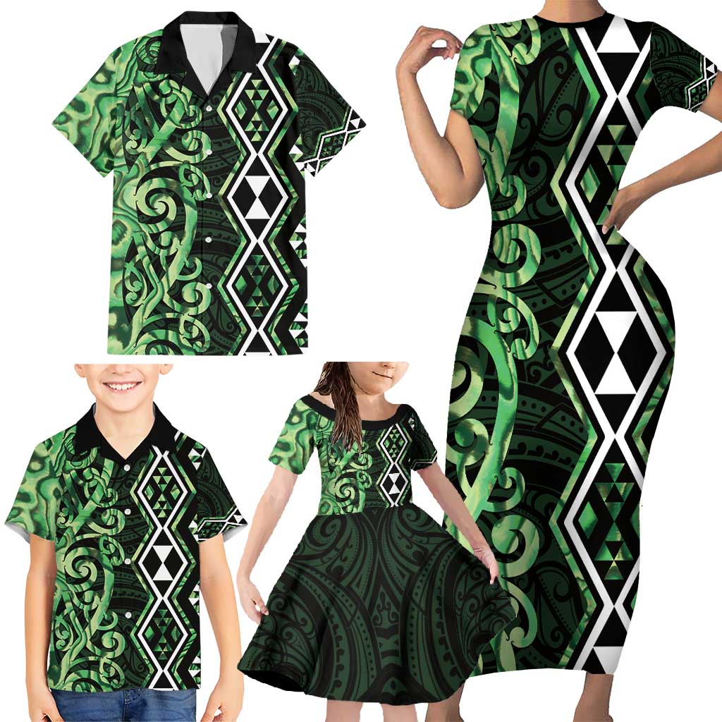 Green Aotearoa Family Matching Short Sleeve Bodycon Dress and Hawaiian Shirt Taniko Motifs With Paua Shell Kowhaiwhai