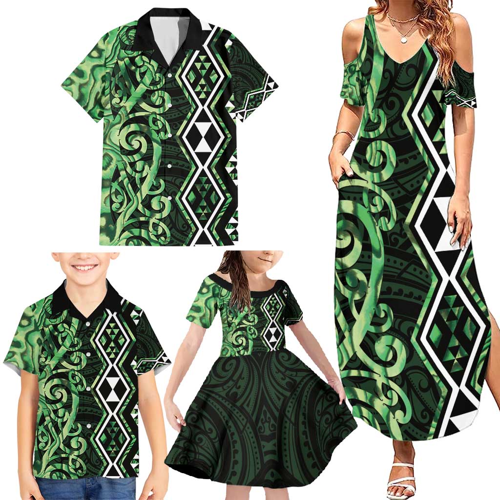 Green Aotearoa Family Matching Summer Maxi Dress and Hawaiian Shirt Taniko Motifs With Paua Shell Kowhaiwhai