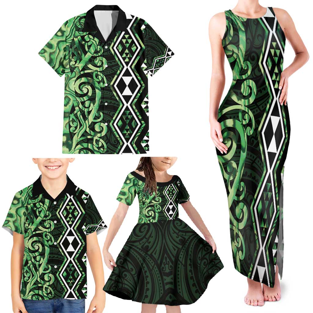 Green Aotearoa Family Matching Tank Maxi Dress and Hawaiian Shirt Taniko Motifs With Paua Shell Kowhaiwhai