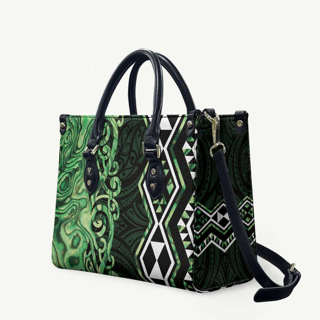 Green Aotearoa Leather Bag Taniko Motifs With Paua Shell Kowhaiwhai LT14 Green - Polynesian Pride