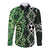 Green Aotearoa Long Sleeve Button Shirt Taniko Motifs With Paua Shell Kowhaiwhai