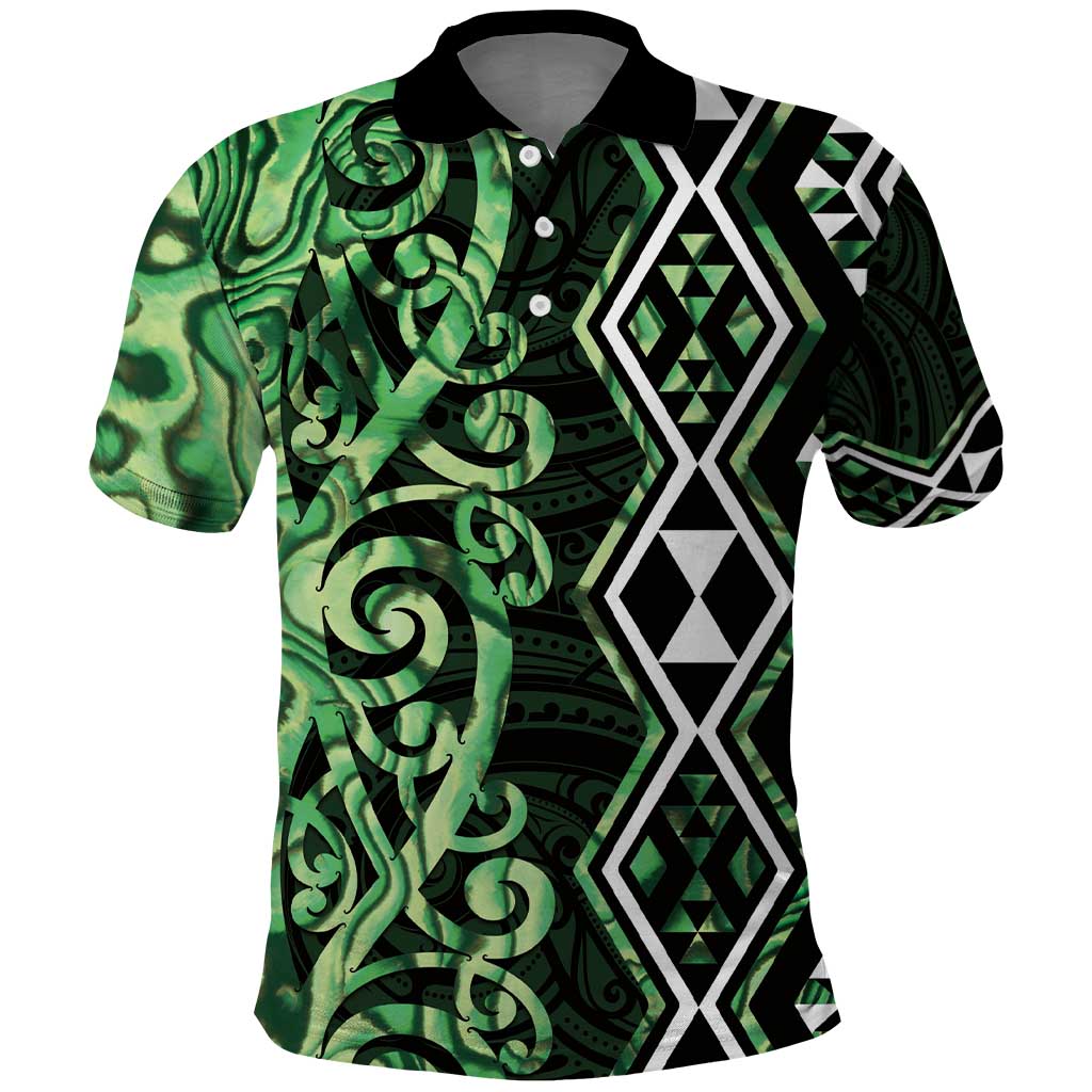 Green Aotearoa Polo Shirt Taniko Motifs With Paua Shell Kowhaiwhai LT14 Green - Polynesian Pride