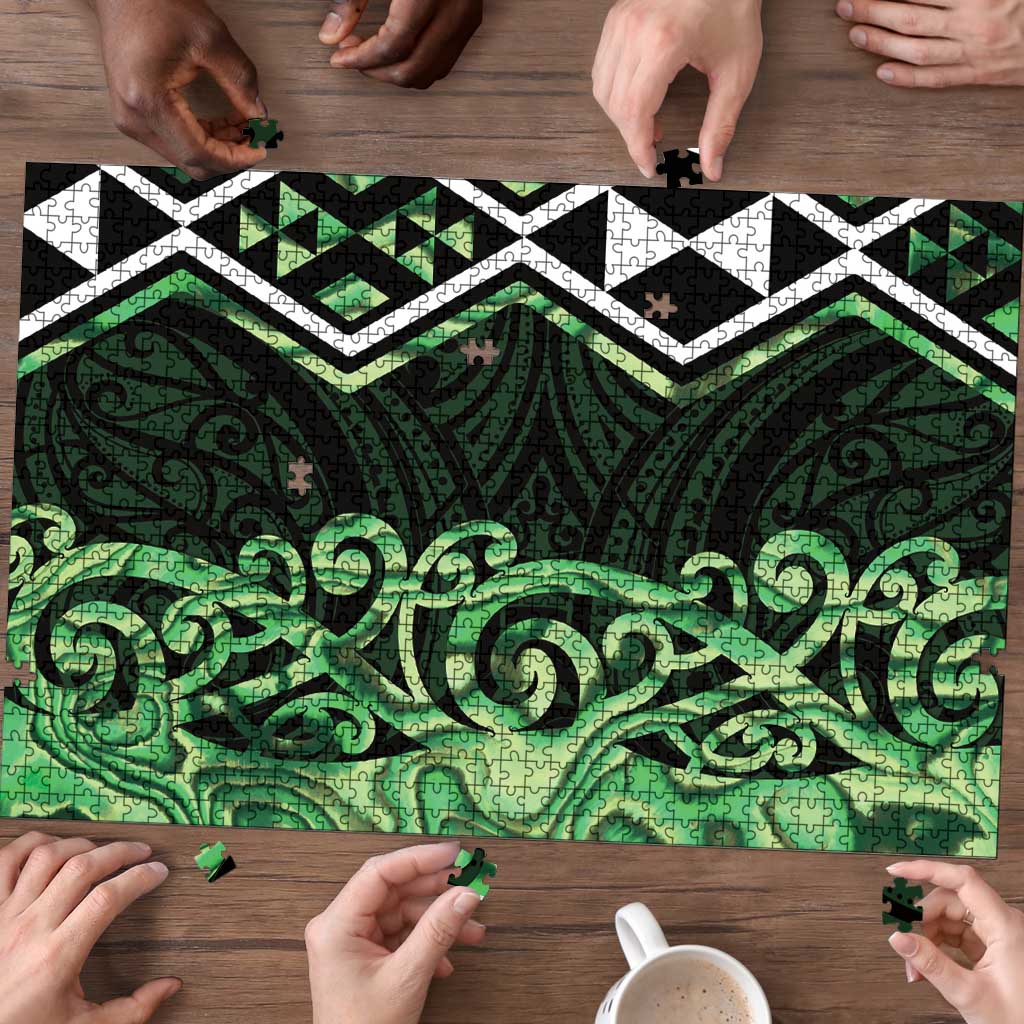 Green Aotearoa Puzzle Taniko Motifs With Paua Shell Kowhaiwhai LT14 - Polynesian Pride