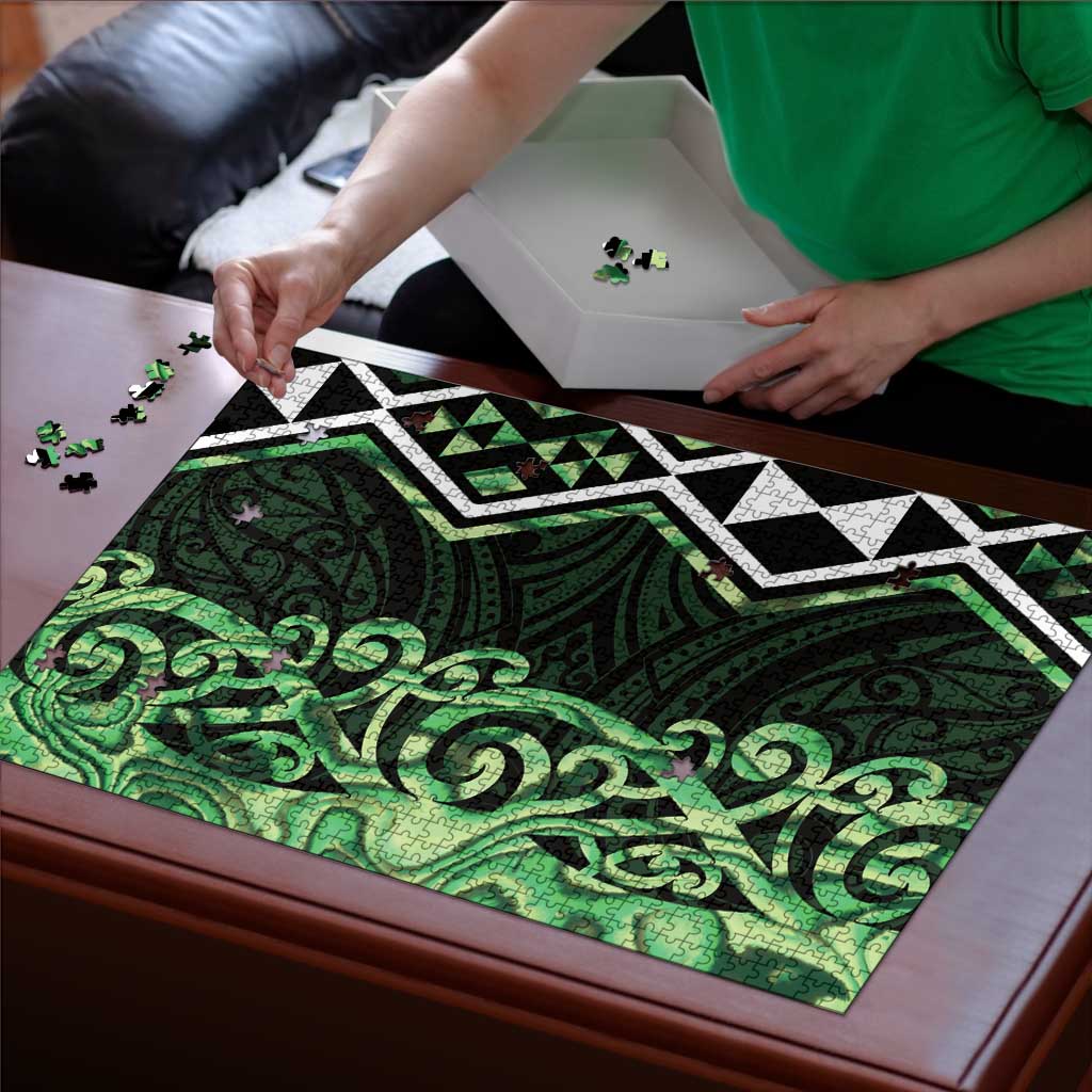 Green Aotearoa Puzzle Taniko Motifs With Paua Shell Kowhaiwhai LT14 - Polynesian Pride