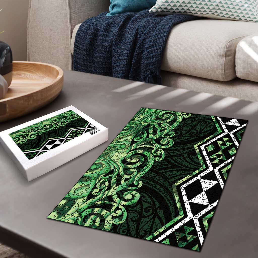 Green Aotearoa Puzzle Taniko Motifs With Paua Shell Kowhaiwhai LT14 - Polynesian Pride