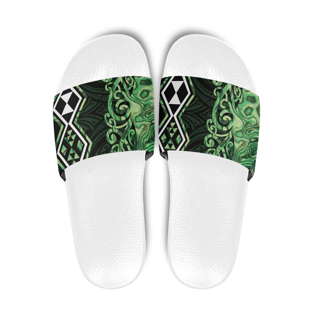 Green Aotearoa Slide Sandals Taniko Motifs With Paua Shell Kowhaiwhai LT14 Green - Polynesian Pride