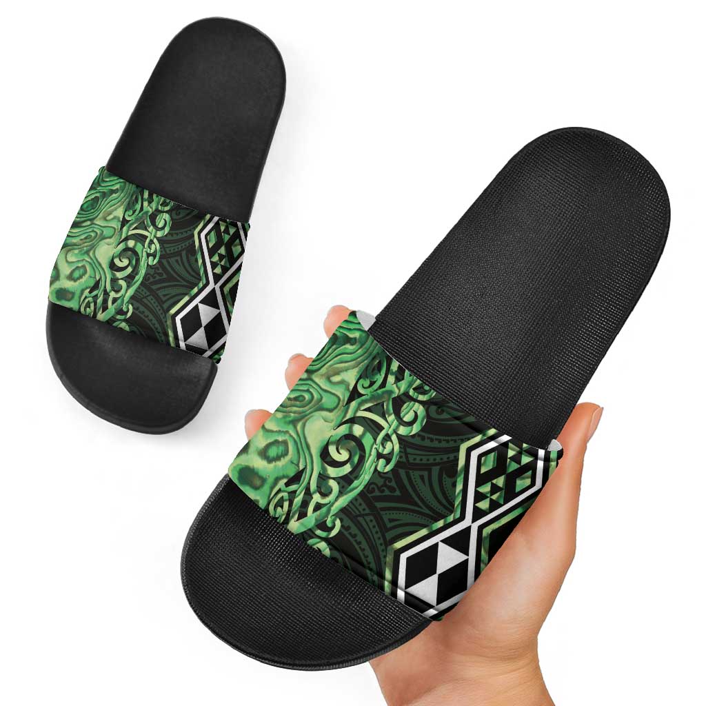 Green Aotearoa Slide Sandals Taniko Motifs With Paua Shell Kowhaiwhai LT14 - Polynesian Pride