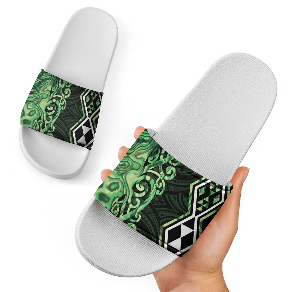 Green Aotearoa Slide Sandals Taniko Motifs With Paua Shell Kowhaiwhai LT14 - Polynesian Pride