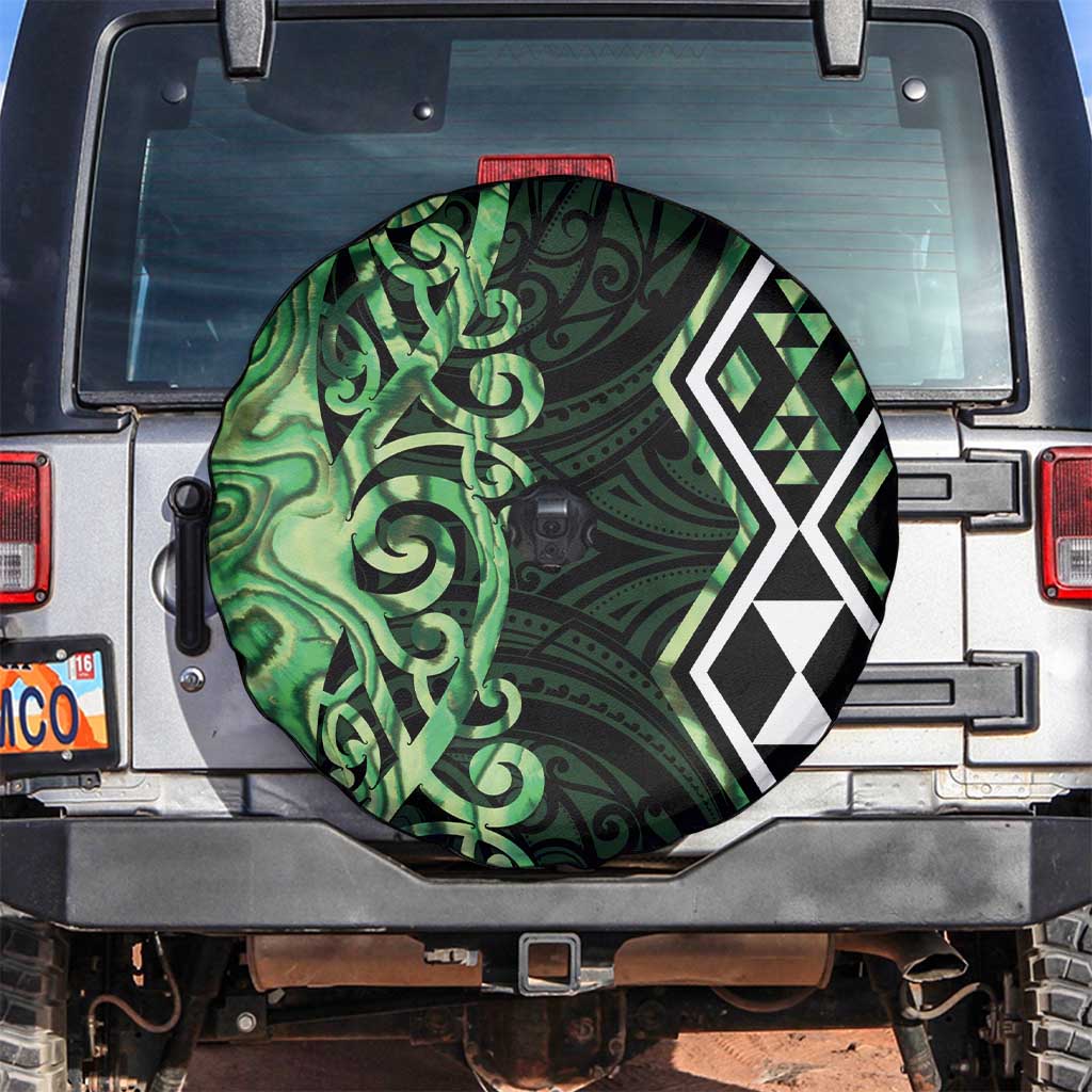 Green Aotearoa Spare Tire Cover Taniko Motifs With Paua Shell Kowhaiwhai