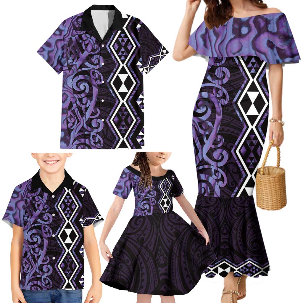 Purple Aotearoa Family Matching Mermaid Dress and Hawaiian Shirt Taniko Motifs With Paua Shell Kowhaiwhai