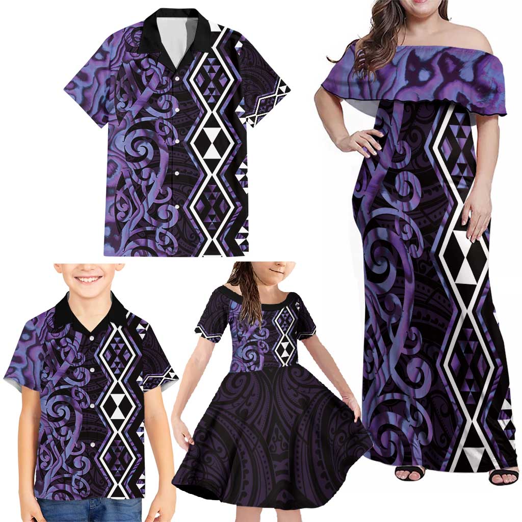 Purple Aotearoa Family Matching Off Shoulder Maxi Dress and Hawaiian Shirt Taniko Motifs With Paua Shell Kowhaiwhai