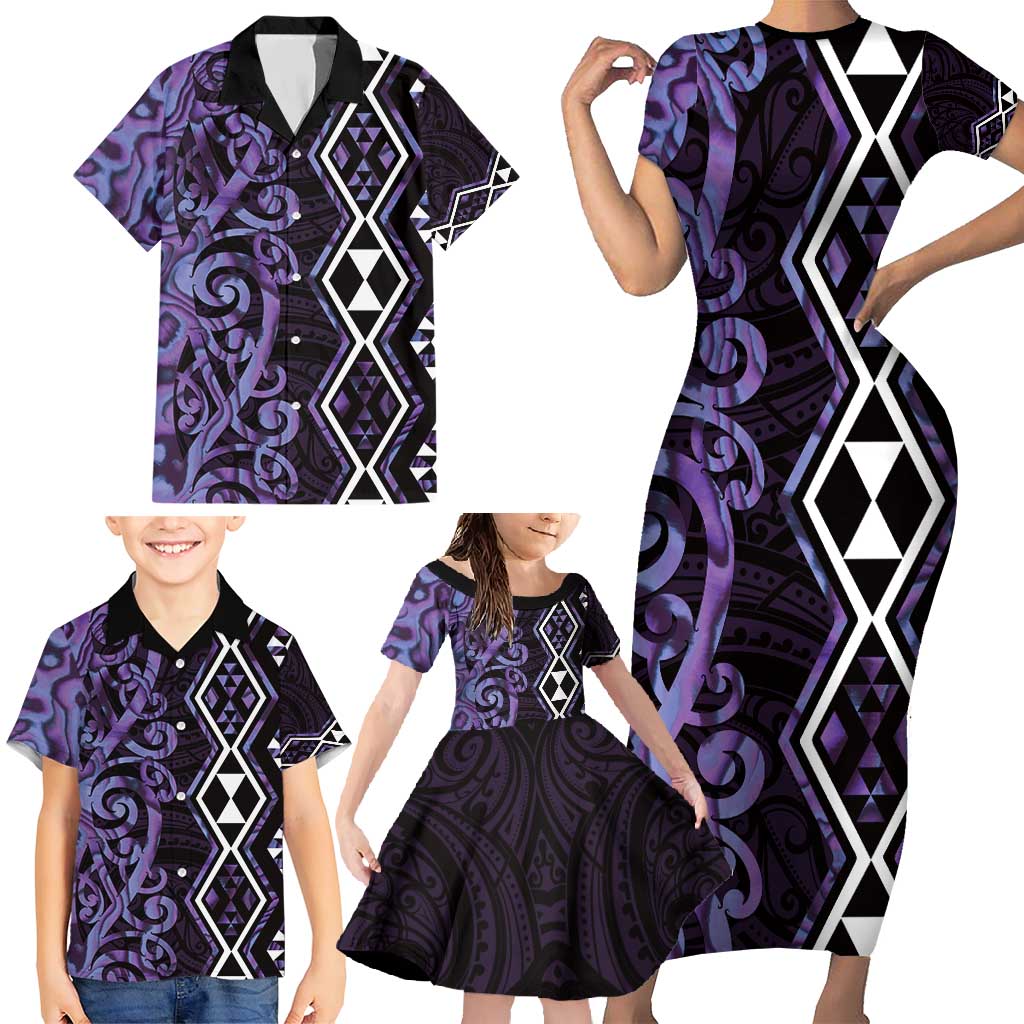 Purple Aotearoa Family Matching Short Sleeve Bodycon Dress and Hawaiian Shirt Taniko Motifs With Paua Shell Kowhaiwhai