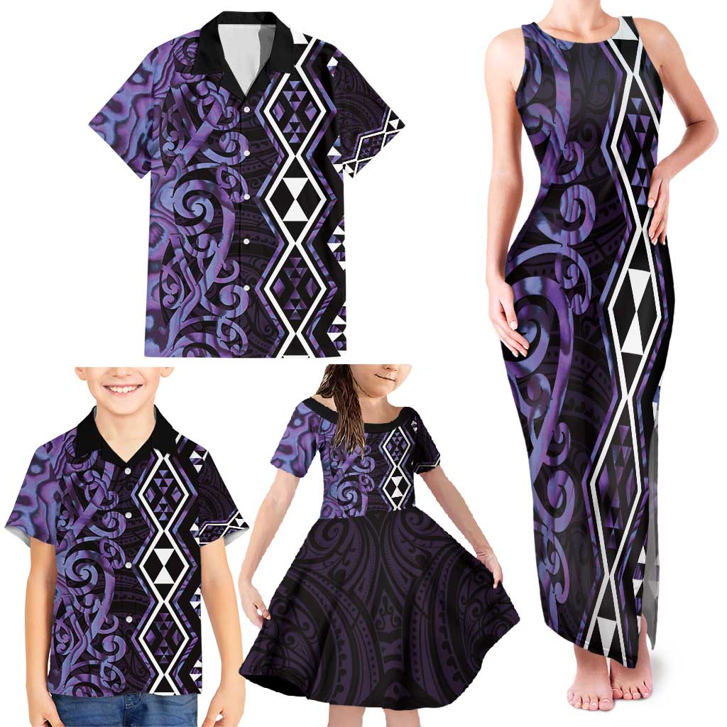 Purple Aotearoa Family Matching Tank Maxi Dress and Hawaiian Shirt Taniko Motifs With Paua Shell Kowhaiwhai