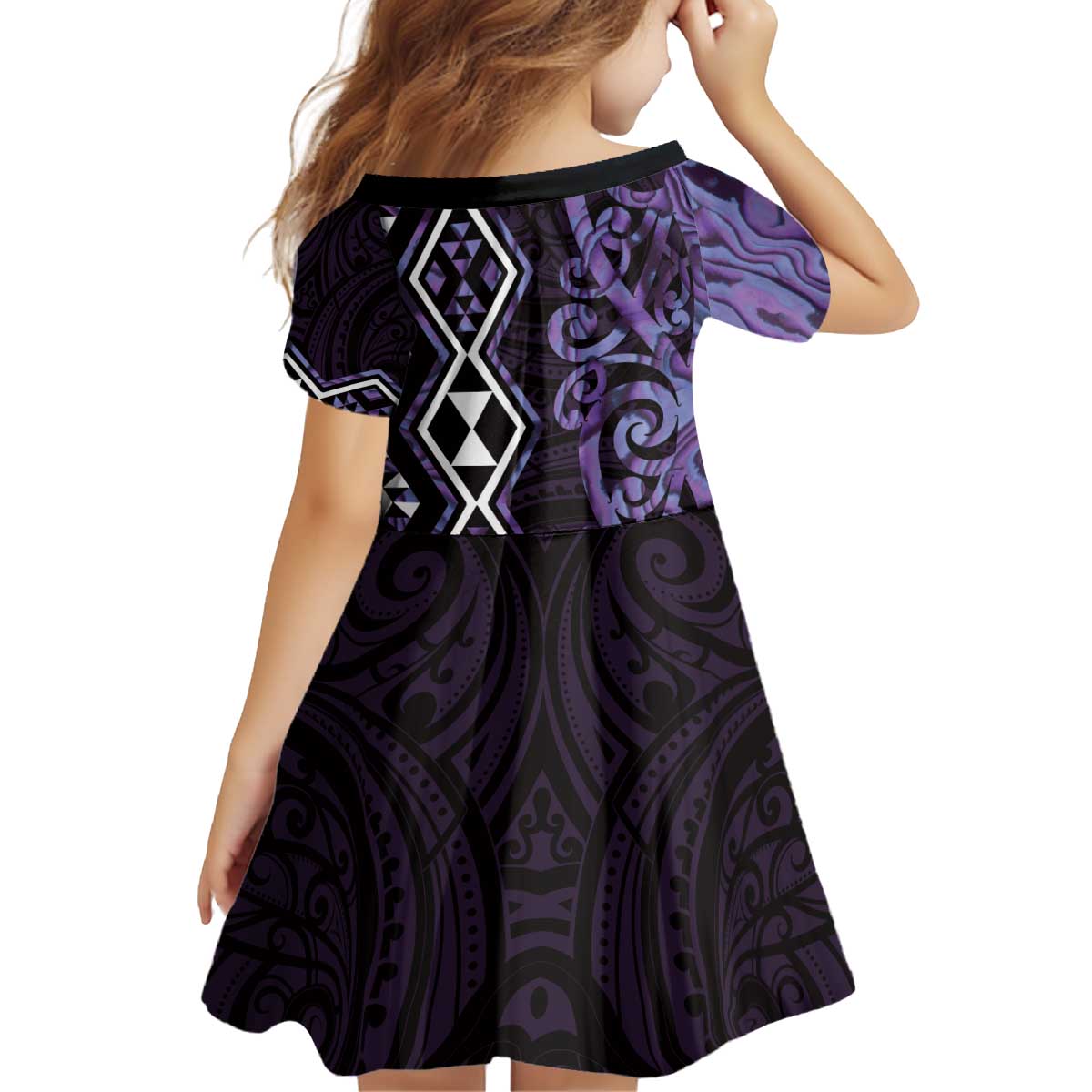 Purple Aotearoa Kid Short Sleeve Dress Taniko Motifs With Paua Shell Kowhaiwhai LT14 - Polynesian Pride
