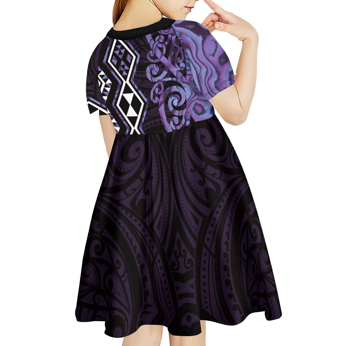 Purple Aotearoa Kid Short Sleeve Dress Taniko Motifs With Paua Shell Kowhaiwhai LT14 - Polynesian Pride