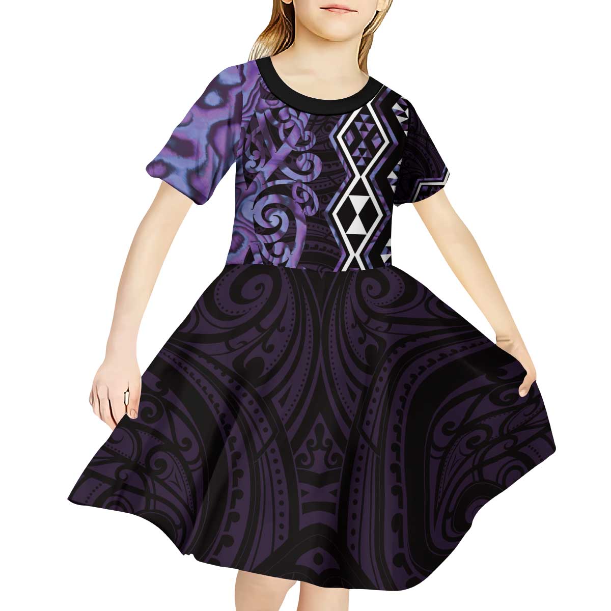 Purple Aotearoa Kid Short Sleeve Dress Taniko Motifs With Paua Shell Kowhaiwhai LT14 - Polynesian Pride