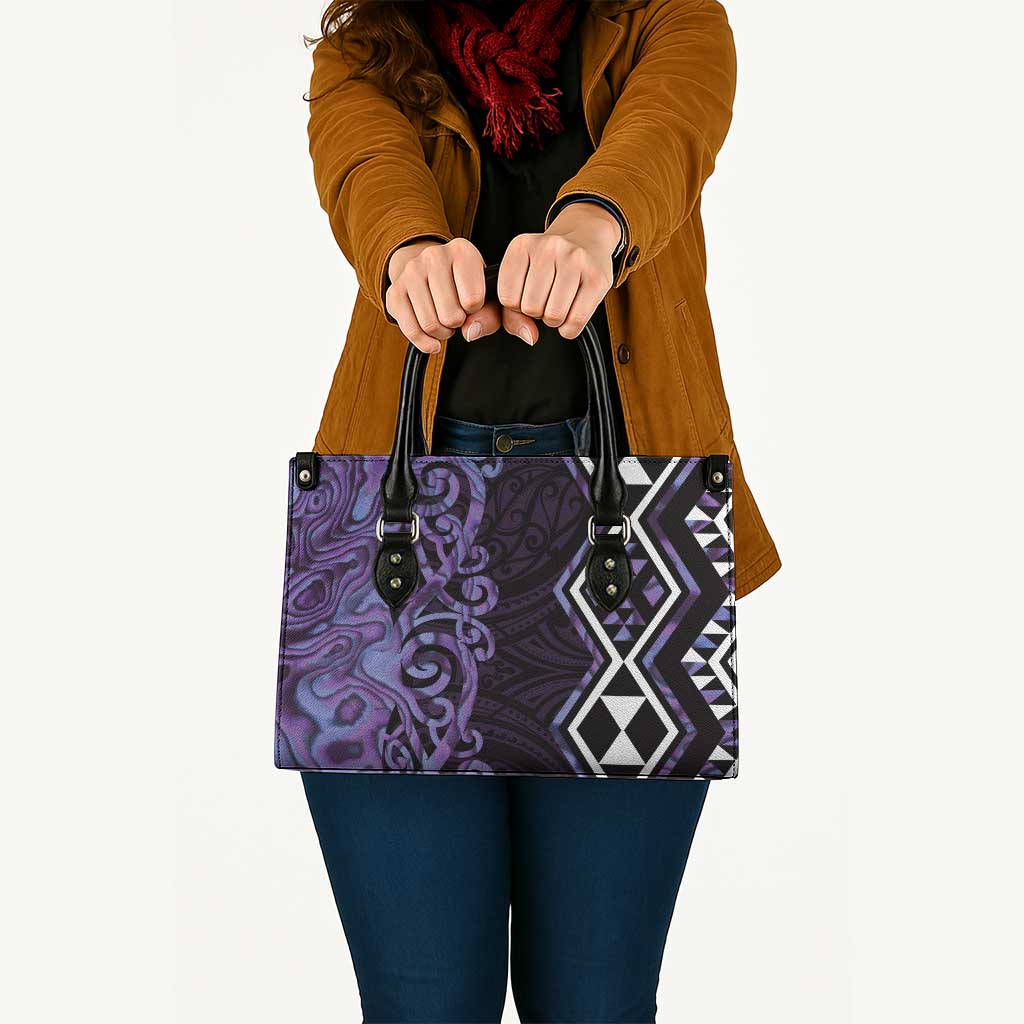 Purple Aotearoa Leather Bag Taniko Motifs With Paua Shell Kowhaiwhai LT14 - Polynesian Pride
