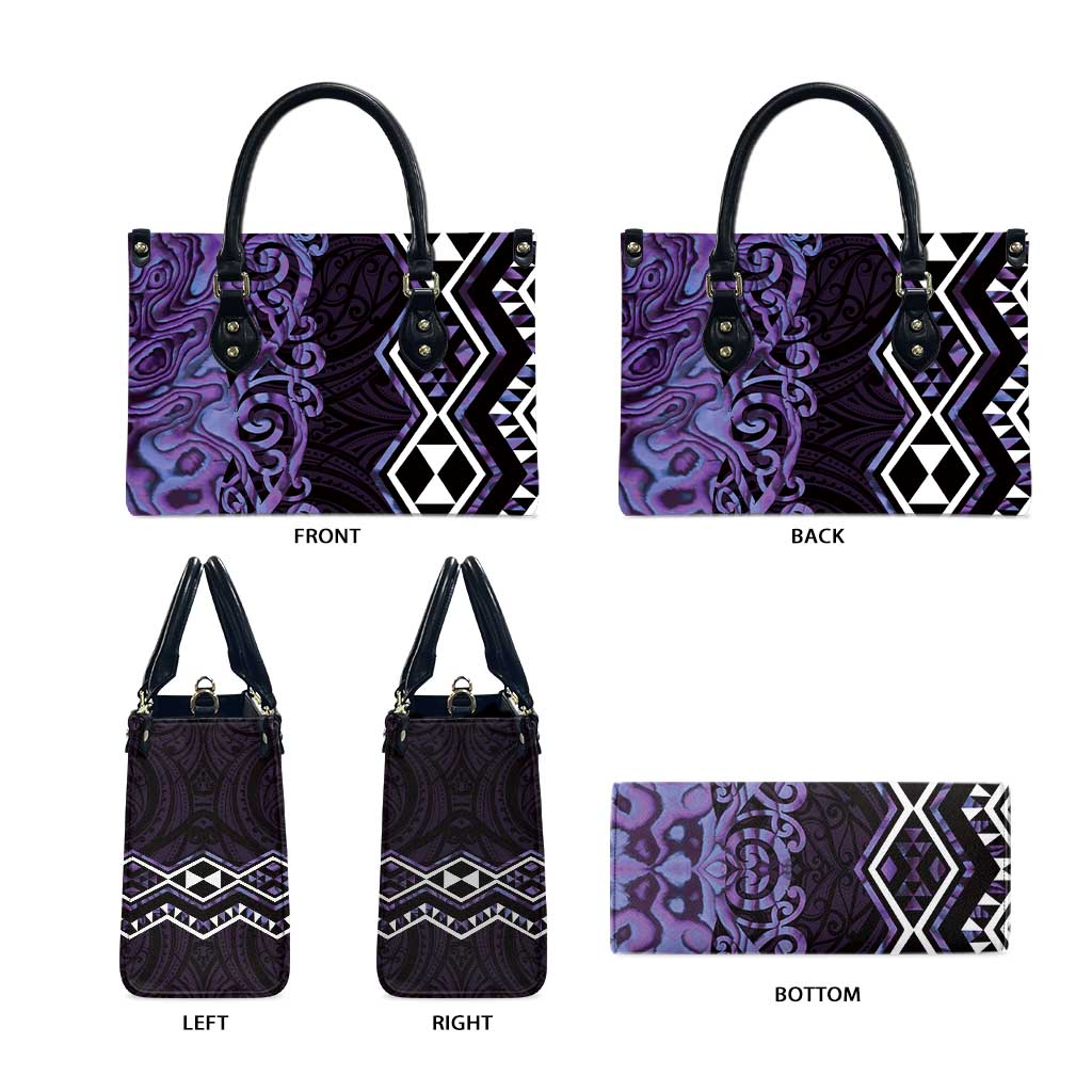 Purple Aotearoa Leather Bag Taniko Motifs With Paua Shell Kowhaiwhai LT14 - Polynesian Pride