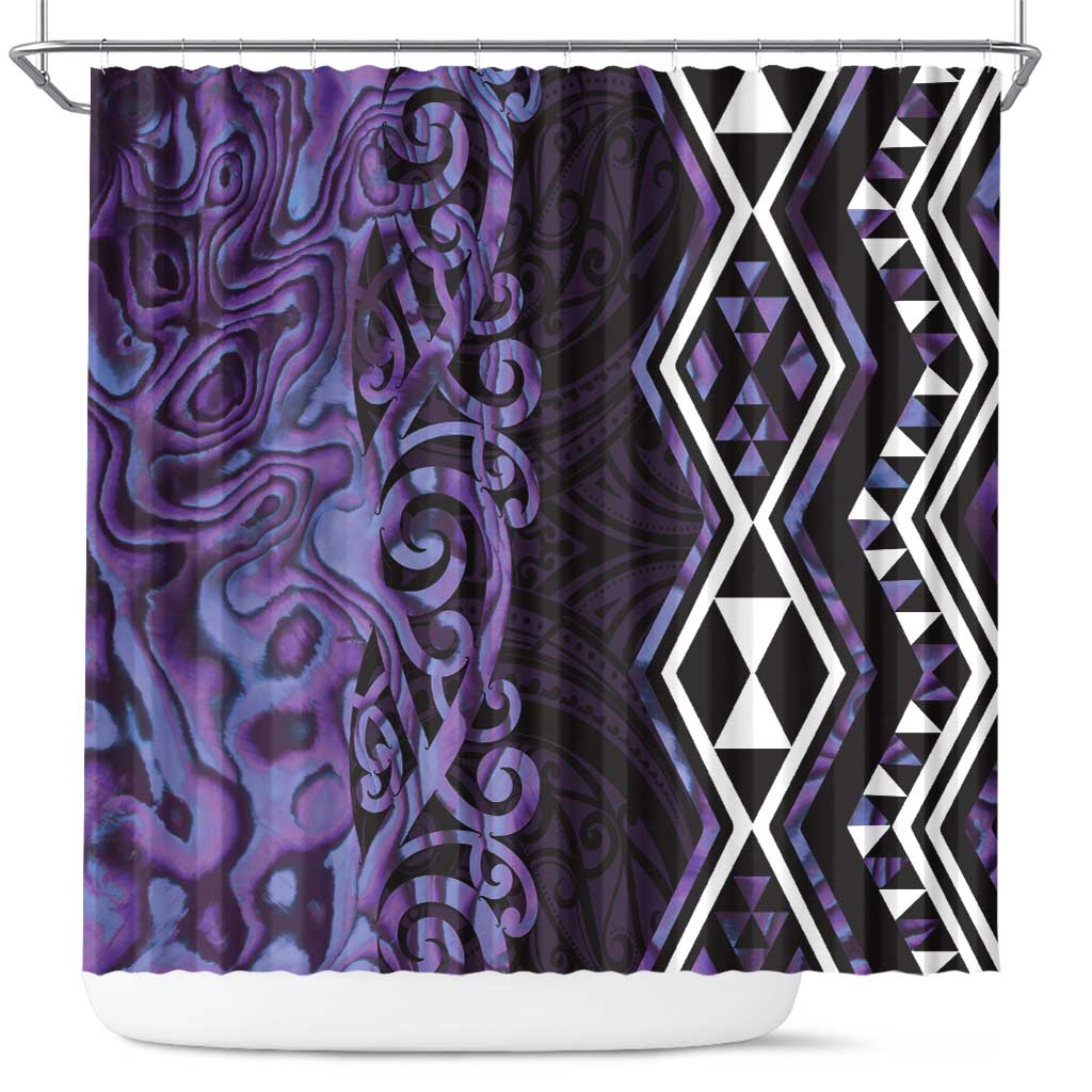 Purple Aotearoa Shower Curtain Taniko Motifs With Paua Shell Kowhaiwhai