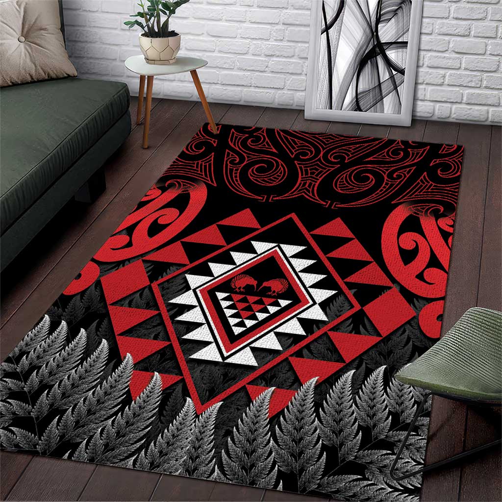 Aotearoa Kiwi Taniko Area Rug Silver Fern With Maori Koru Pattern LT14 Red - Polynesian Pride