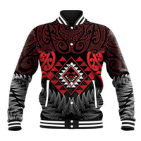 Aotearoa Kiwi Taniko Baseball Jacket Silver Fern With Maori Koru Pattern LT14 Unisex Red - Polynesian Pride