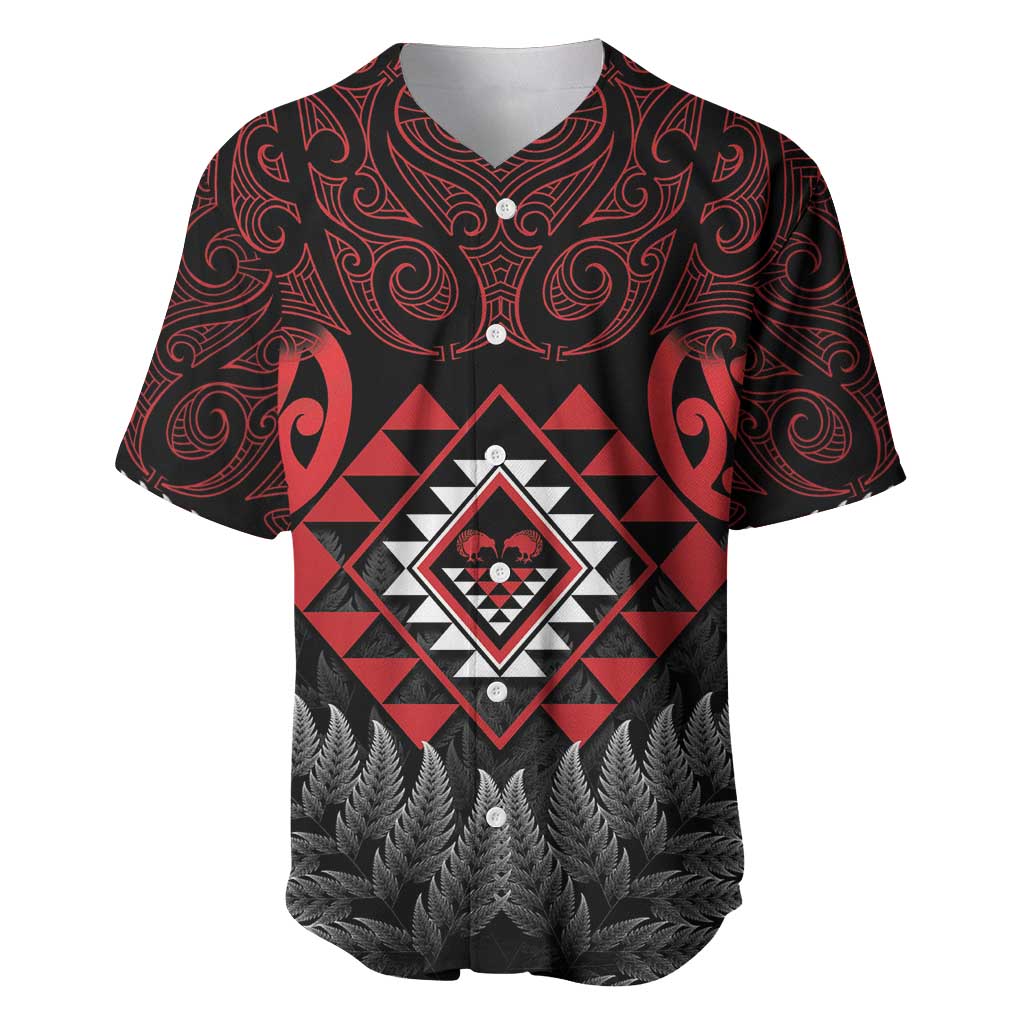 Aotearoa Kiwi Taniko Baseball Jersey Silver Fern With Maori Koru Pattern LT14 Red - Polynesian Pride