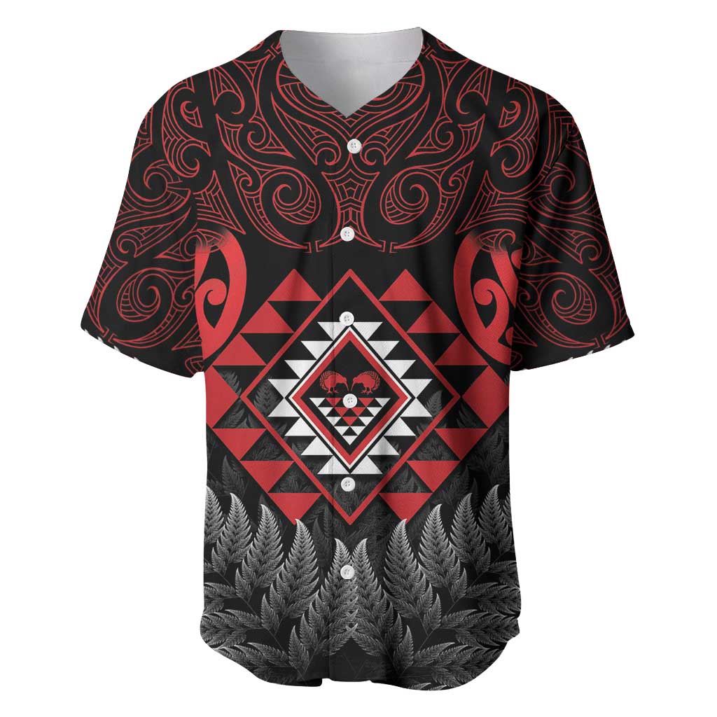 Aotearoa Kiwi Taniko Baseball Jersey Silver Fern With Maori Koru Pattern