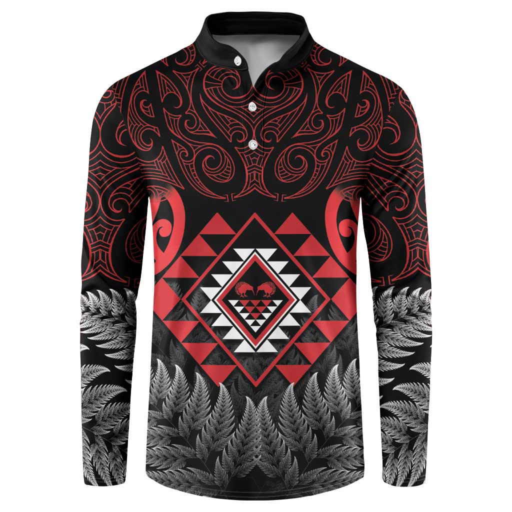 Aotearoa Kiwi Taniko Button Sweatshirt Silver Fern With Maori Koru Pattern LT14 Red - Polynesian Pride