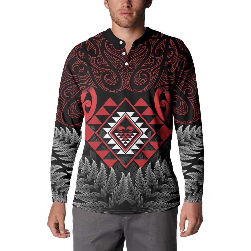 Aotearoa Kiwi Taniko Button Sweatshirt Silver Fern With Maori Koru Pattern LT14 - Polynesian Pride
