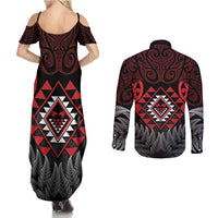 Aotearoa Kiwi Taniko Couples Matching Summer Maxi Dress and Long Sleeve Button Shirt Silver Fern With Maori Koru Pattern LT14 - Polynesian Pride