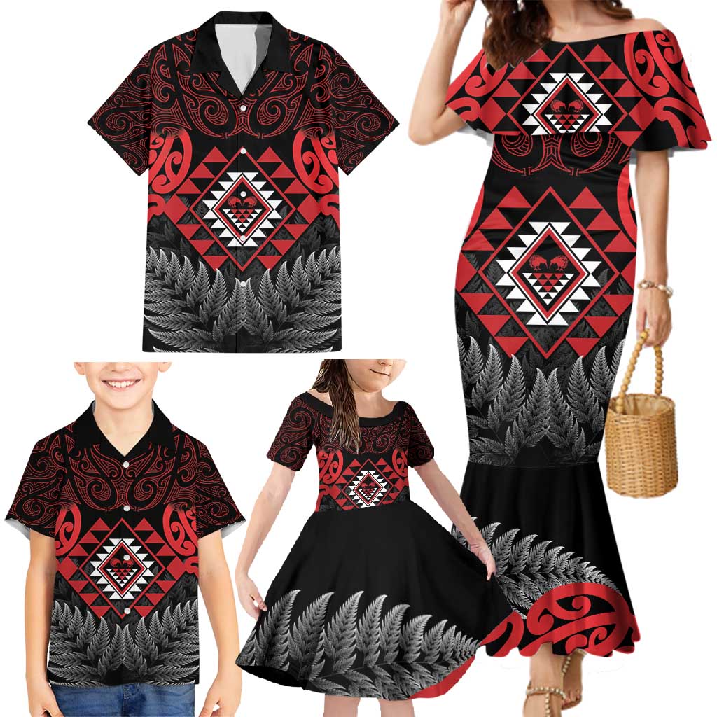 Aotearoa Kiwi Taniko Family Matching Mermaid Dress and Hawaiian Shirt Silver Fern With Maori Koru Pattern