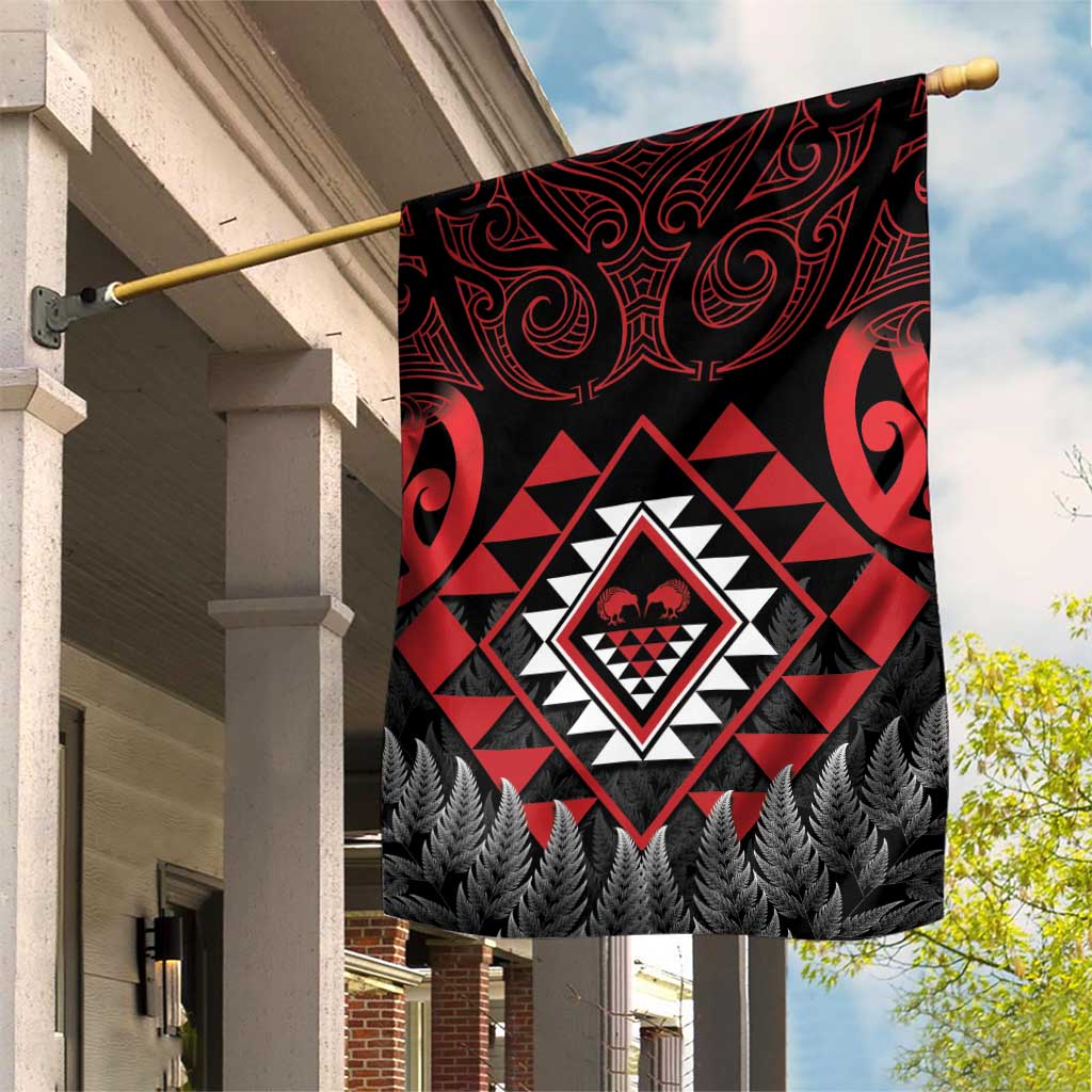 Aotearoa Kiwi Taniko Garden Flag Silver Fern With Maori Koru Pattern LT14 House Flag Red - Polynesian Pride