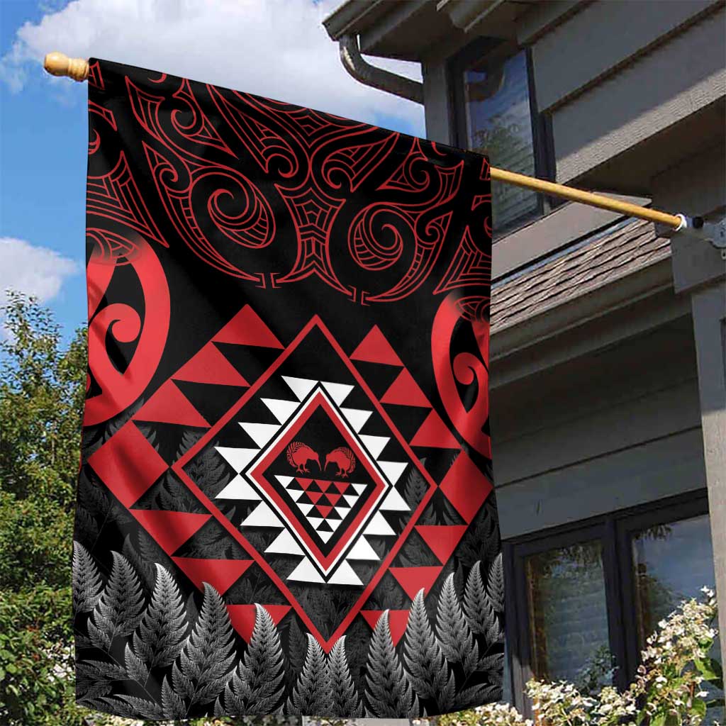 Aotearoa Kiwi Taniko Garden Flag Silver Fern With Maori Koru Pattern LT14 - Polynesian Pride