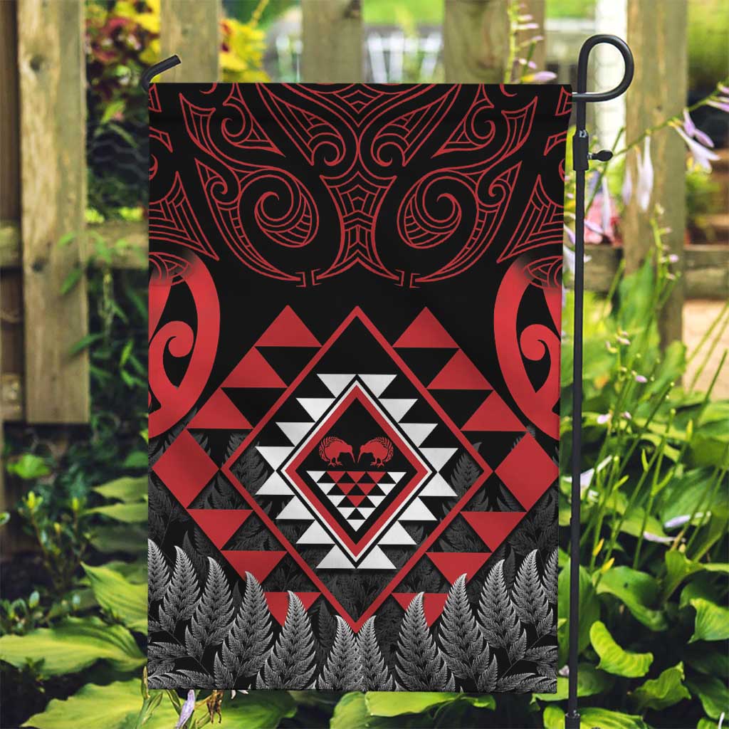 Aotearoa Kiwi Taniko Garden Flag Silver Fern With Maori Koru Pattern LT14 Garden Flag Red - Polynesian Pride