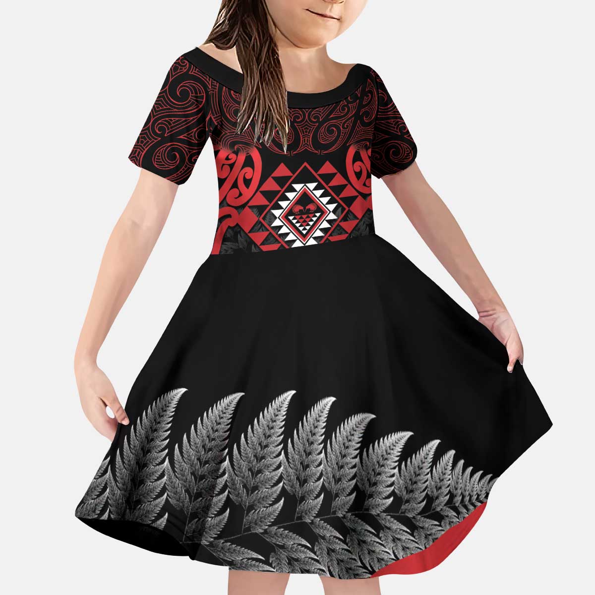 Aotearoa Kiwi Taniko Kid Short Sleeve Dress Silver Fern With Maori Koru Pattern LT14 KID Red - Polynesian Pride
