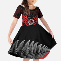 Aotearoa Kiwi Taniko Kid Short Sleeve Dress Silver Fern With Maori Koru Pattern LT14 KID Red - Polynesian Pride