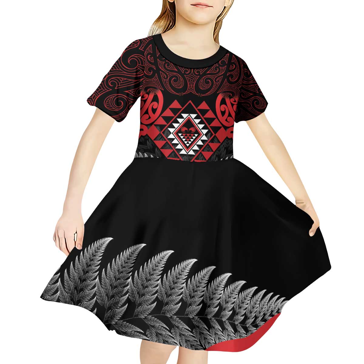 Aotearoa Kiwi Taniko Kid Short Sleeve Dress Silver Fern With Maori Koru Pattern LT14 - Polynesian Pride
