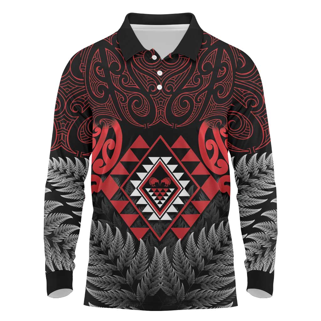 Aotearoa Kiwi Taniko Long Sleeve Polo Shirt Silver Fern With Maori Koru Pattern