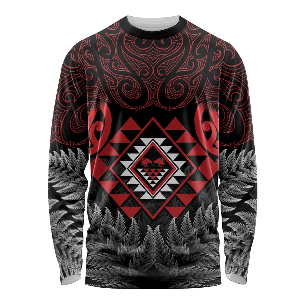 Aotearoa Kiwi Taniko Long Sleeve Shirt Silver Fern With Maori Koru Pattern LT14 Unisex Red - Polynesian Pride