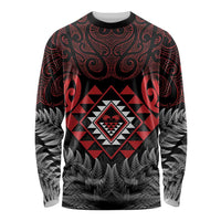 Aotearoa Kiwi Taniko Long Sleeve Shirt Silver Fern With Maori Koru Pattern LT14 Unisex Red - Polynesian Pride