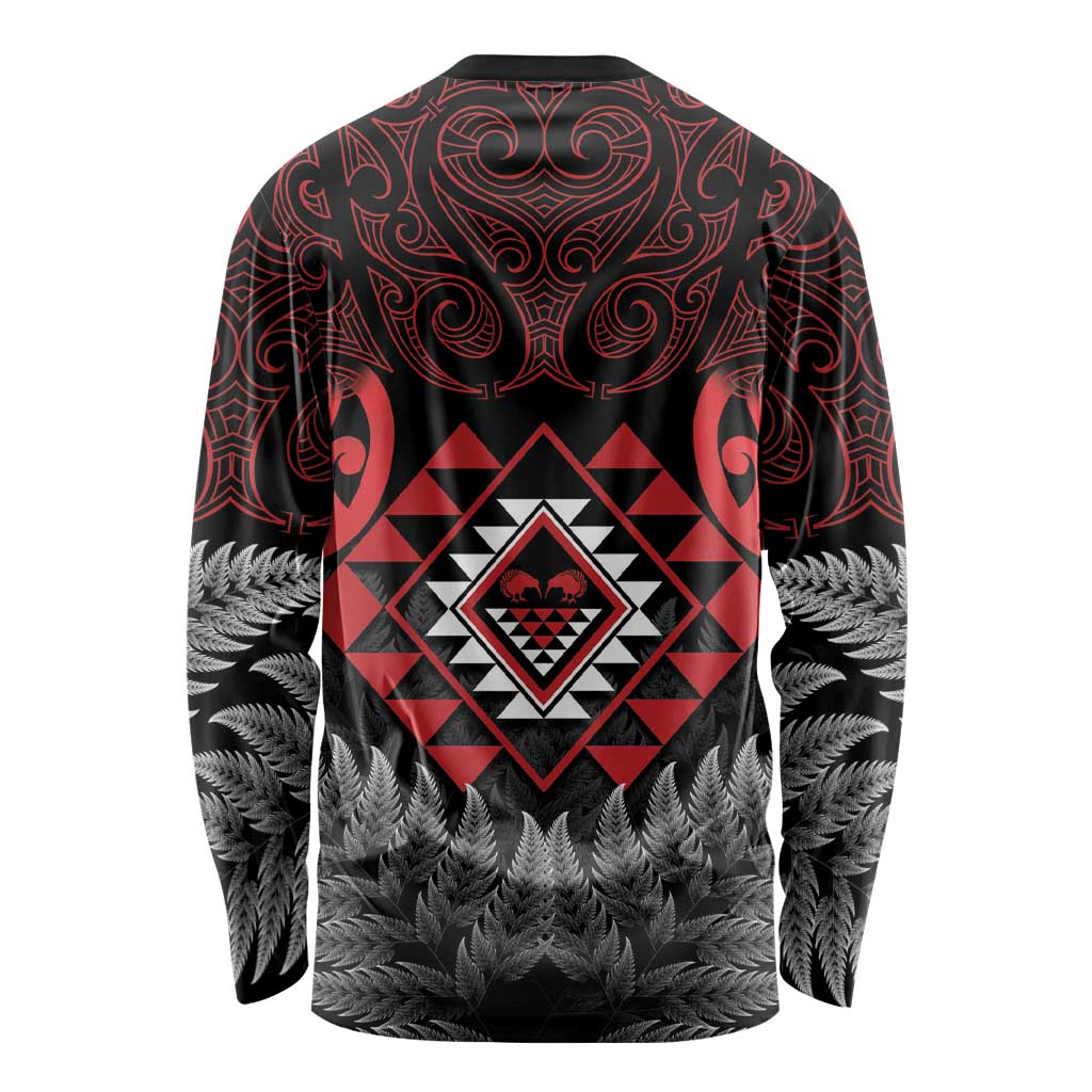 Aotearoa Kiwi Taniko Long Sleeve Shirt Silver Fern With Maori Koru Pattern LT14 - Polynesian Pride