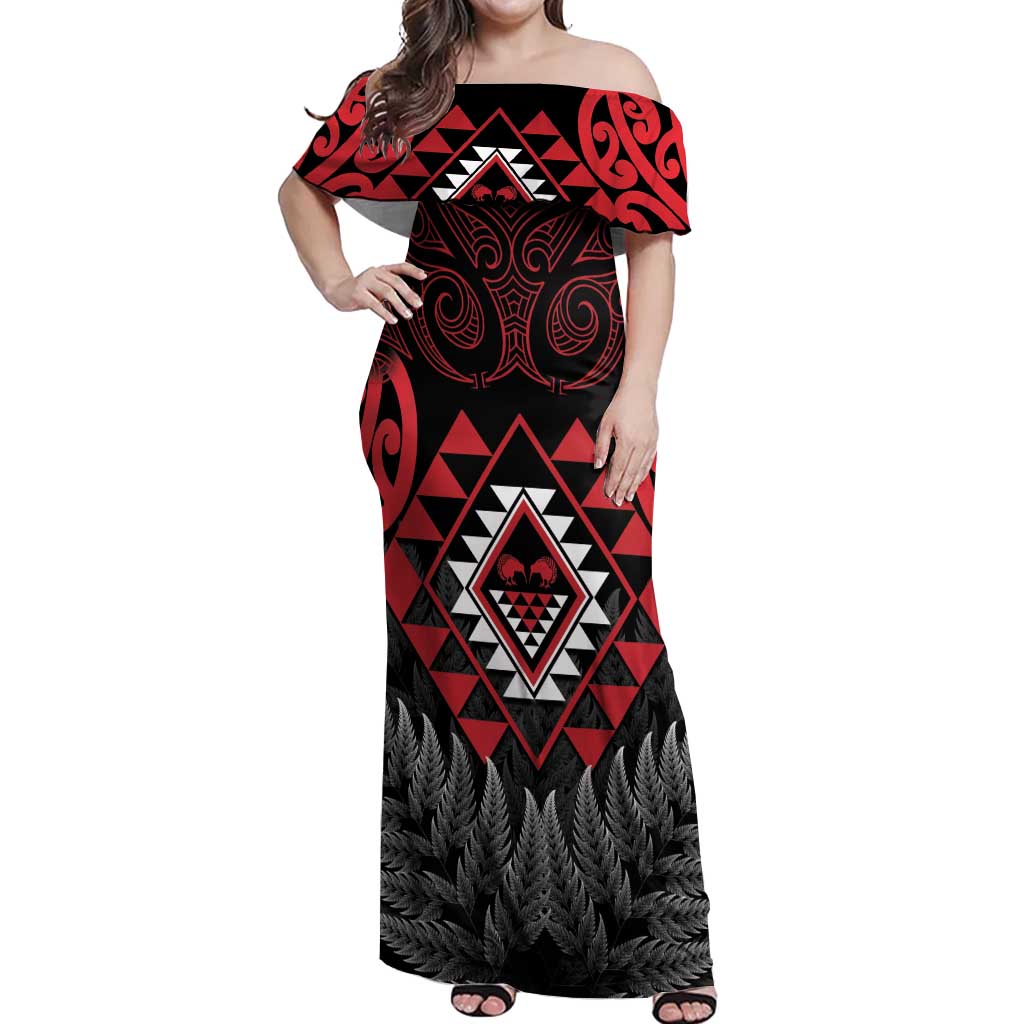 Aotearoa Kiwi Taniko Off Shoulder Maxi Dress Silver Fern With Maori Koru Pattern LT14 Women Red - Polynesian Pride