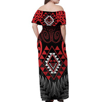 Aotearoa Kiwi Taniko Off Shoulder Maxi Dress Silver Fern With Maori Koru Pattern LT14 - Polynesian Pride