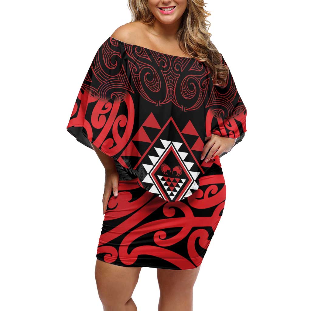 Aotearoa Kiwi Taniko Off Shoulder Short Dress Silver Fern With Maori Koru Pattern LT14 Women Red - Polynesian Pride