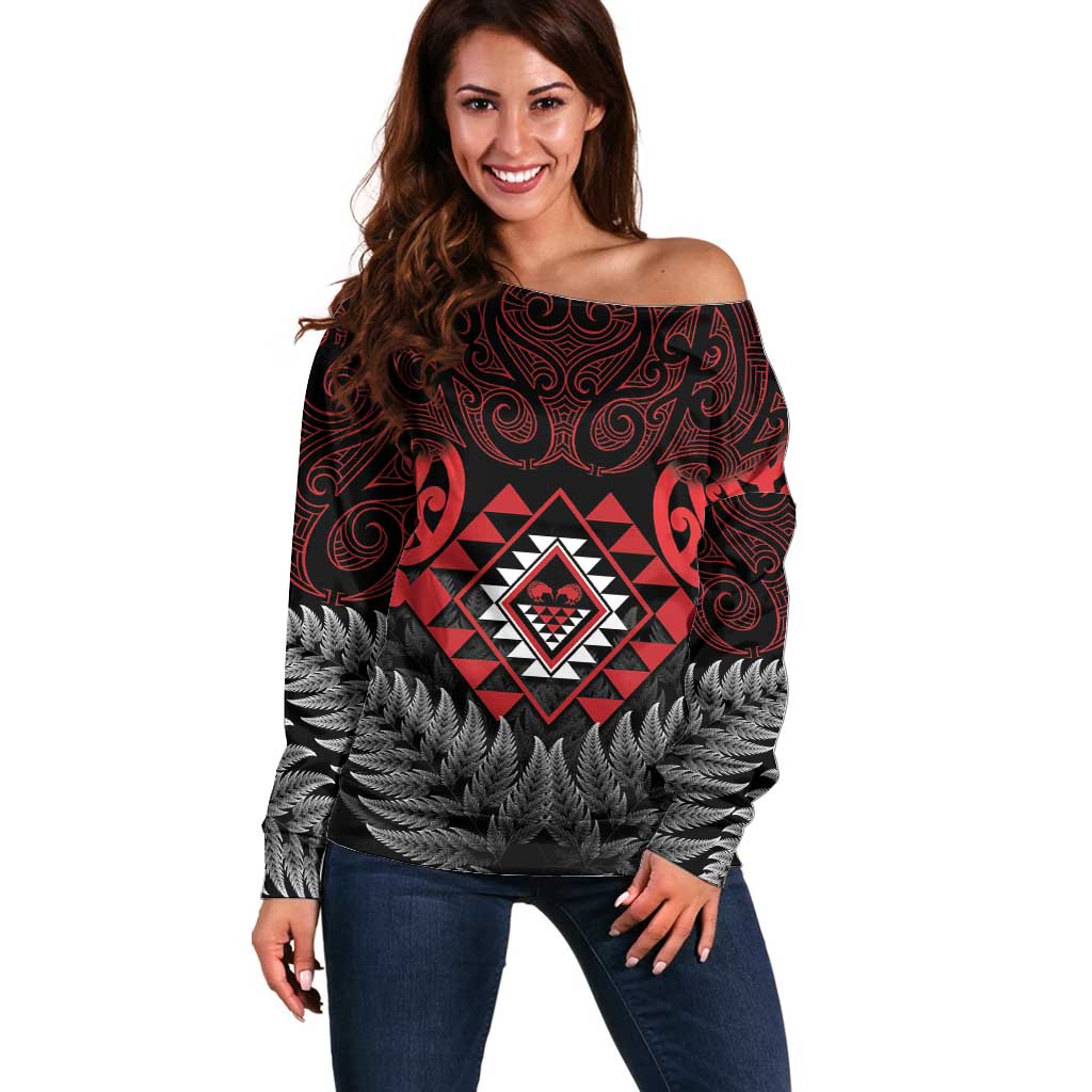 Aotearoa Kiwi Taniko Off Shoulder Sweater Silver Fern With Maori Koru Pattern LT14 Women Red - Polynesian Pride