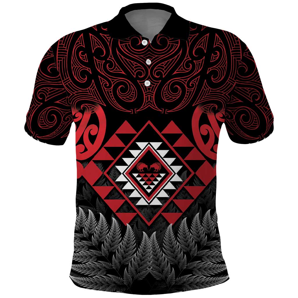 Aotearoa Kiwi Taniko Polo Shirt Silver Fern With Maori Koru Pattern LT14 Red - Polynesian Pride