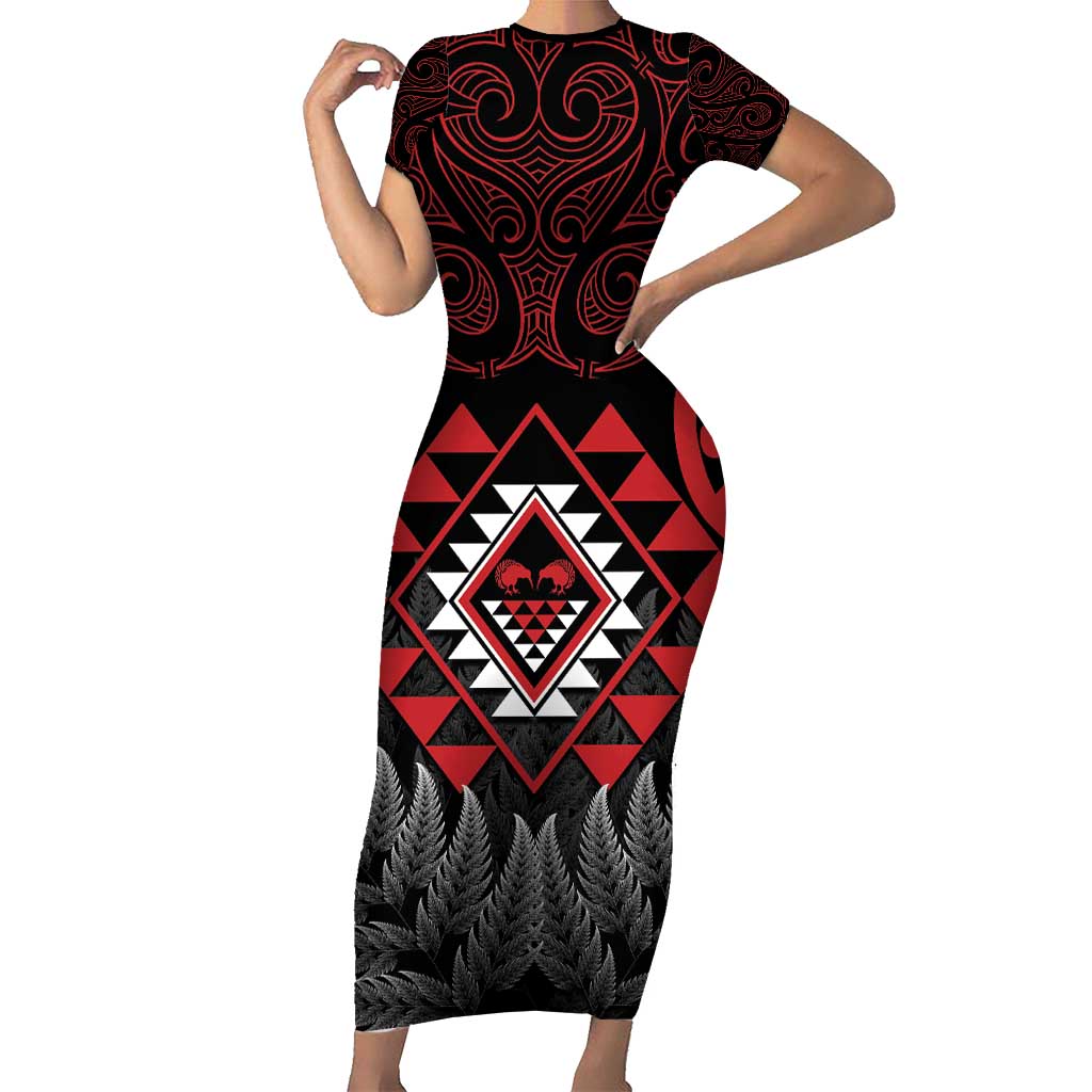 Aotearoa Kiwi Taniko Short Sleeve Bodycon Dress Silver Fern With Maori Koru Pattern LT14 Long Dress Red - Polynesian Pride