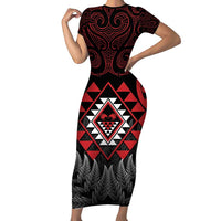 Aotearoa Kiwi Taniko Short Sleeve Bodycon Dress Silver Fern With Maori Koru Pattern LT14 Long Dress Red - Polynesian Pride