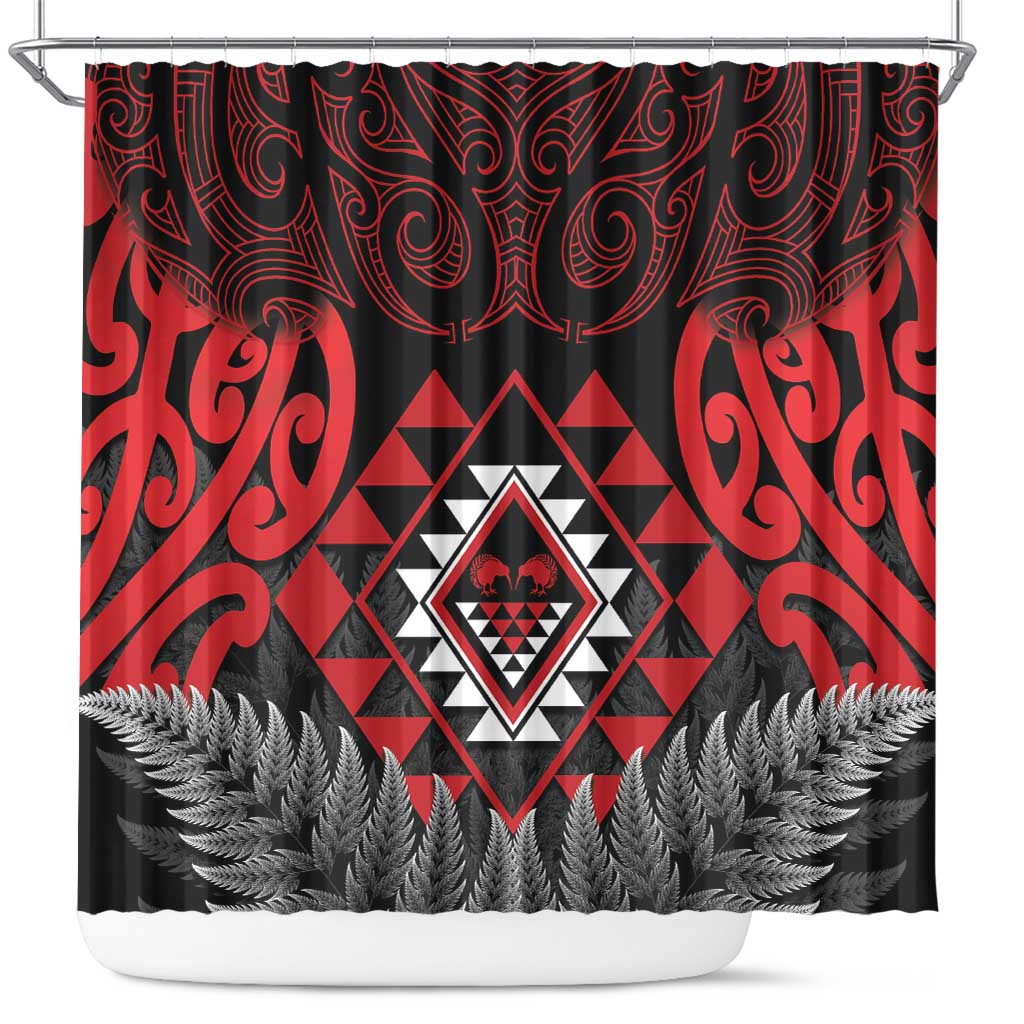 Aotearoa Kiwi Taniko Shower Curtain Silver Fern With Maori Koru Pattern