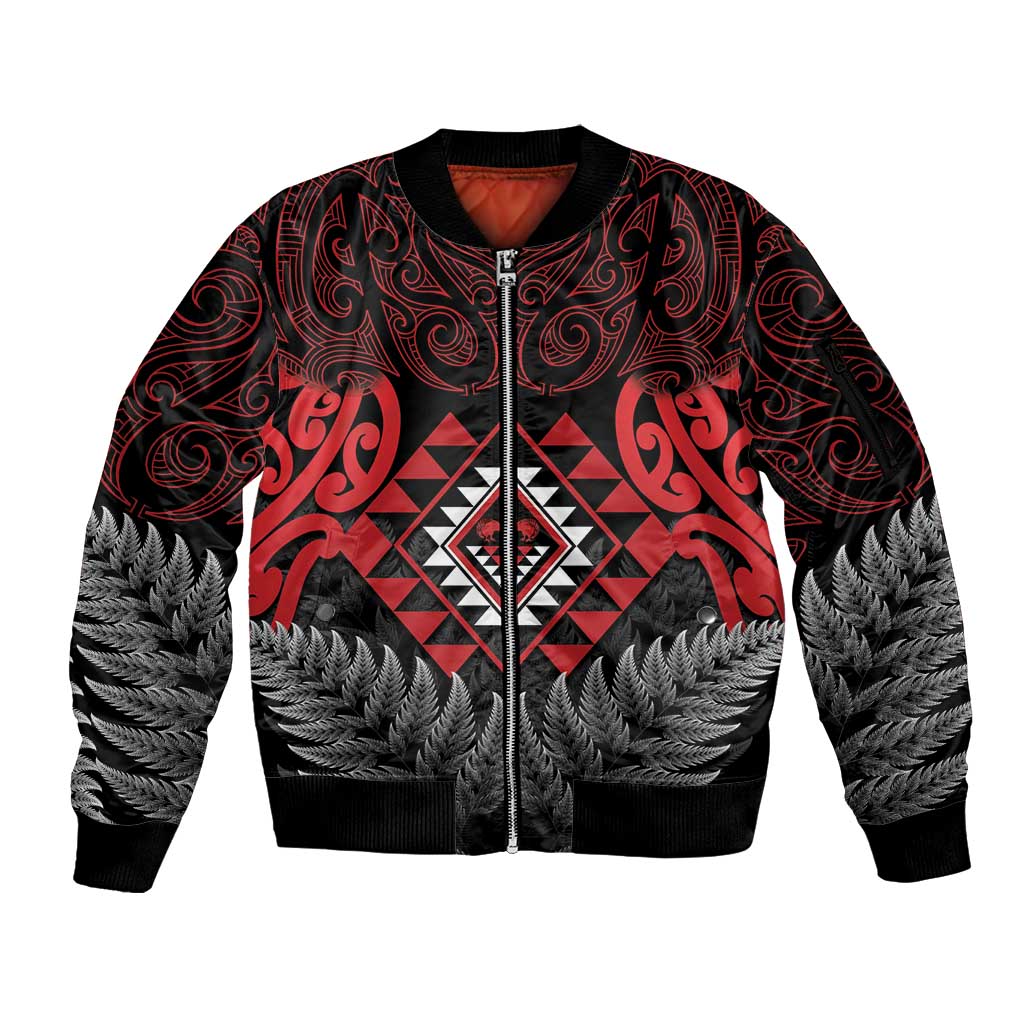 Aotearoa Kiwi Taniko Sleeve Zip Bomber Jacket Silver Fern With Maori Koru Pattern LT14 Unisex Red - Polynesian Pride